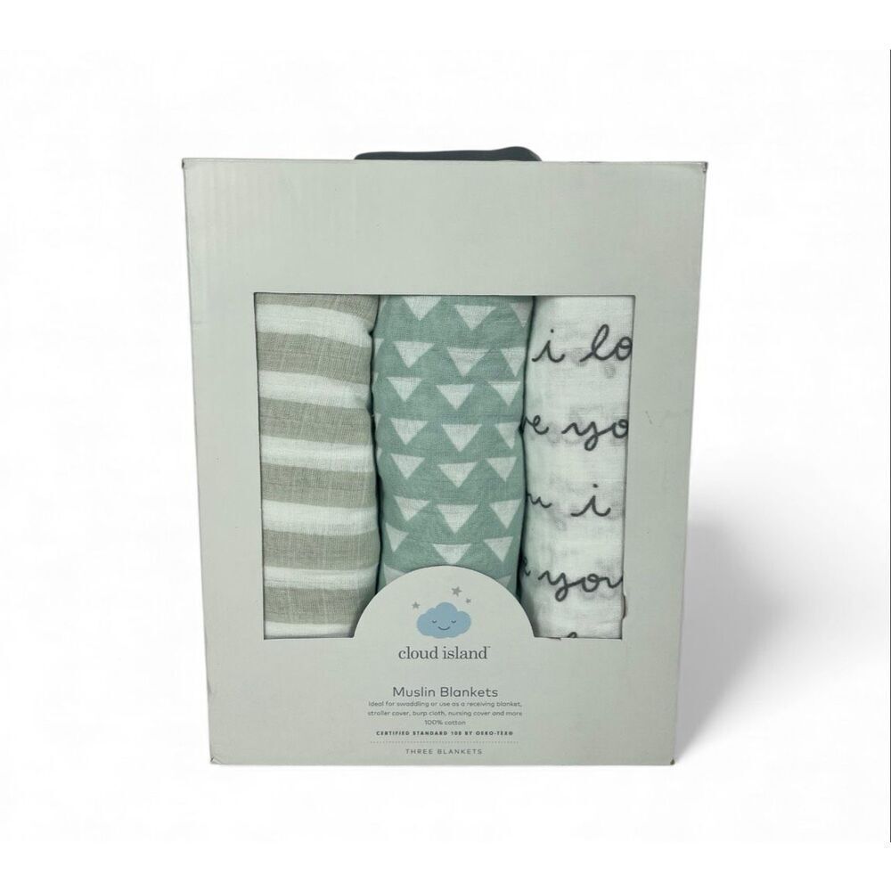 Cloud Island Muslin Baby Blankets 3-Pack 100% Cotton Swaddle Set NEW
